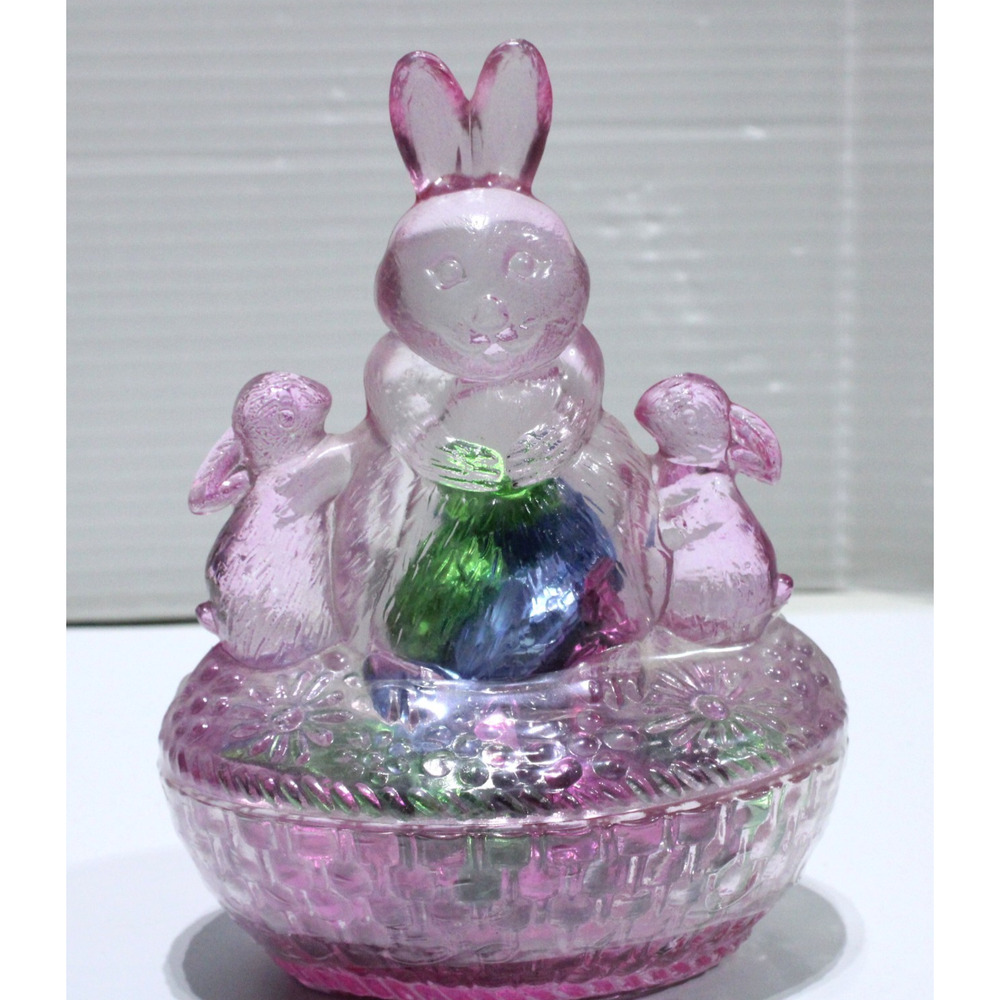Vintage Pink Bunny Rabbit Covered Candy Dish Easter Trinket Basket Sealed Candy
